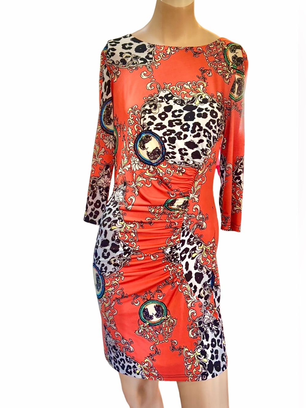 Papillon Ruched Baroque Coral Orange Leopard Print Dress M